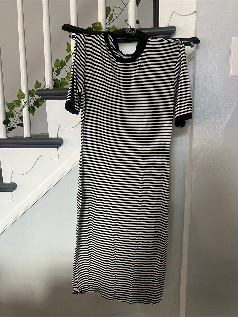 Black & White Striped Short-Sleeve Midi Dress